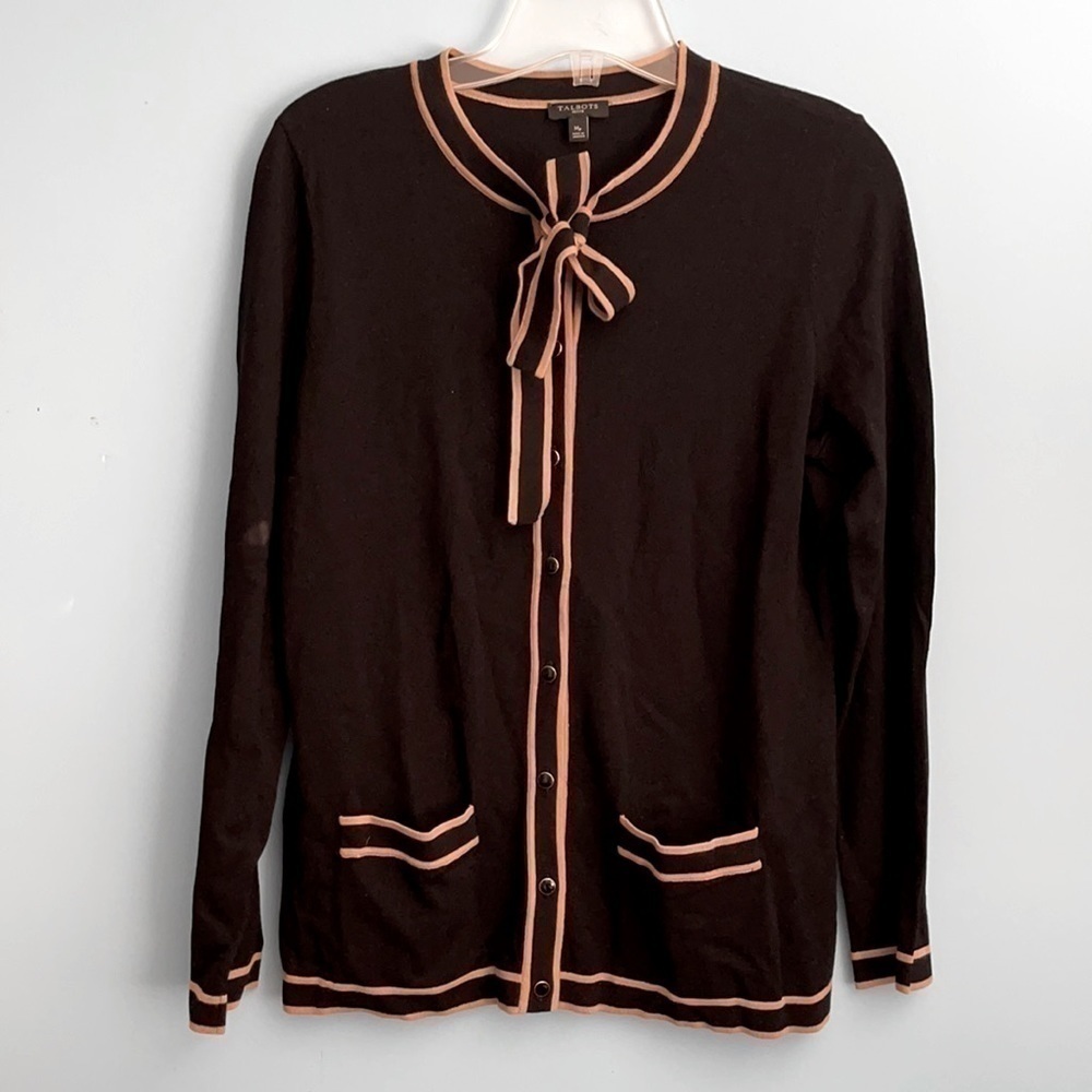 NWOT talbots black stripe-trim tie neck cardigan US MP
